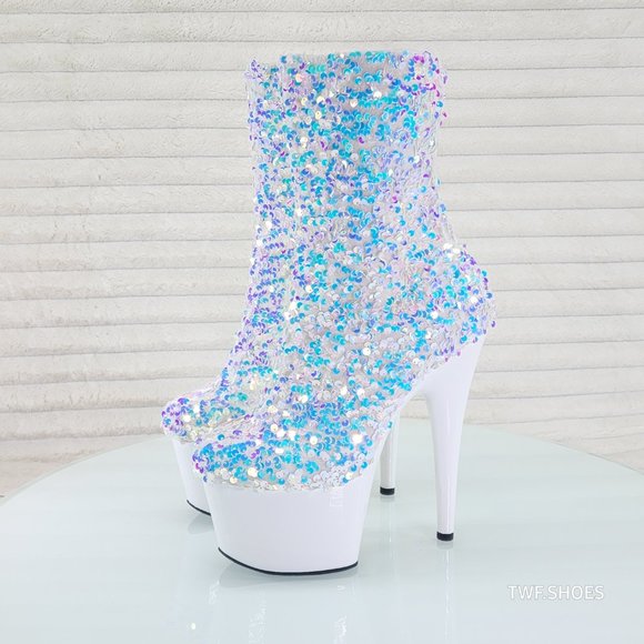 White Ice Multi Sequin Platform 7" Heels Ankle Boots Adore 1042 - Picture 8 of 8